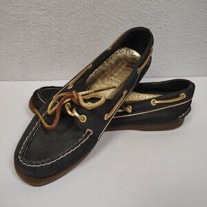 Sperry Top Sider Blue/Gold Suede Boat Shoe Womens 7M